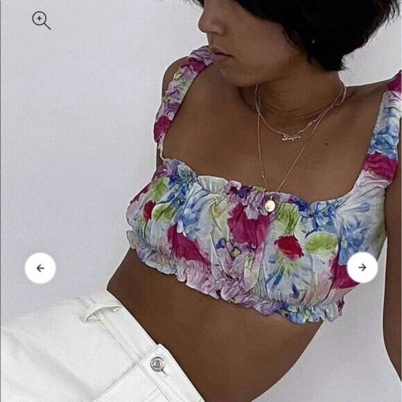 TACH Goda Silk Blend Floral Multicolor Ruffle Crop Top Sz Medium - Picture 2 of 7